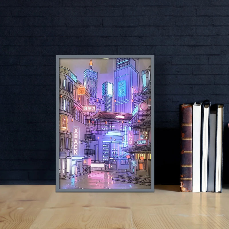 Quadro cidade visão noturna, pintura com luz romântica.